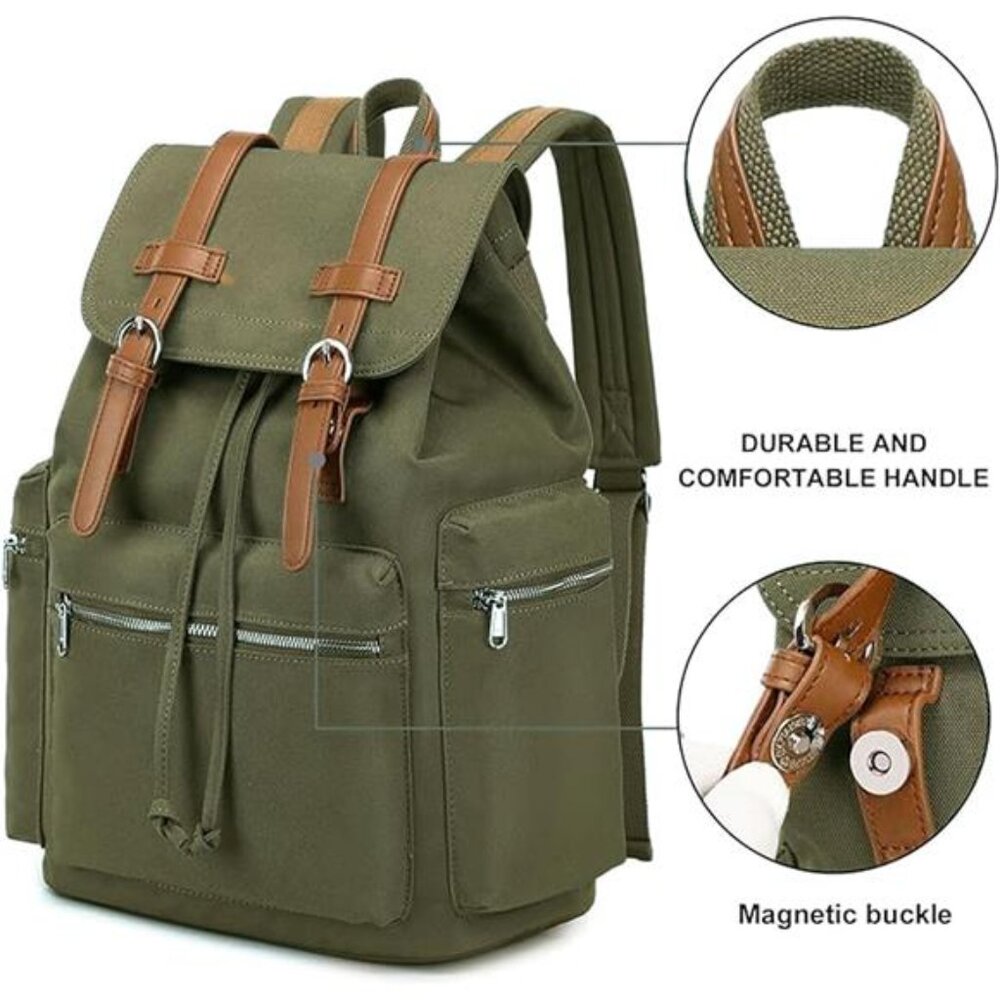 Retro Backpack Leather Trim Casual Light Green - Picture 5 of 6